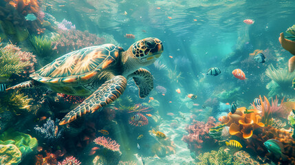 A giant turtle hiding among the clear waters, colorful coral reefs and lush algae. This ancient creature living at the bottom of the ocean becomes a real treasure for those who see it. - obrazy, fototapety, plakaty