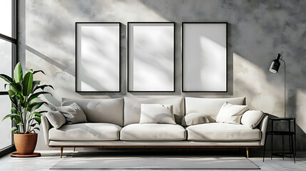 Multi mockup poster frames on a decorative shelf, next to a trendy sectional sofa