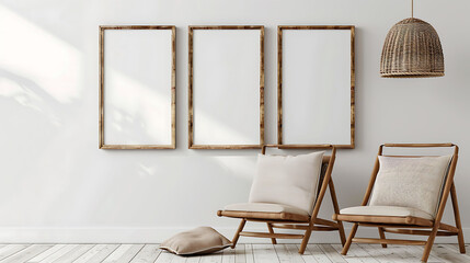 Multi mockup poster frames on a wooden ladder, next to a fashionable lounge chair