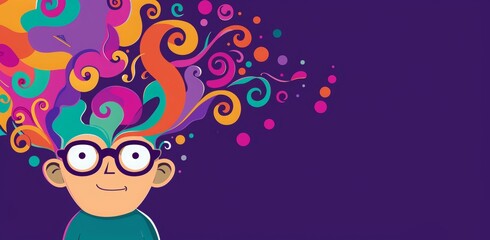 vector flat illustration of a cute and funny character with glasses that is playing pranks on people.  a funny person with big glasses and colorful spirals on a purple background for a banner design