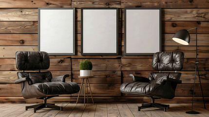 Multi mockup poster frames on reclaimed pallet board, by a stylish recliner