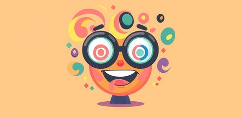 vector flat illustration of a cute and funny character with glasses that is playing pranks on people.  a funny person with big glasses and colorful spirals on a purple background for a banner design
