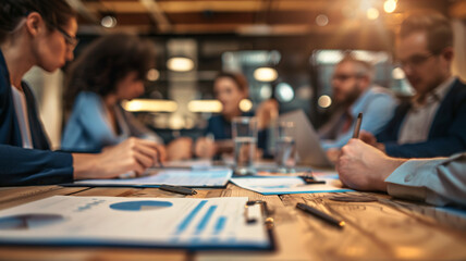 Business team debriefing after a difficult negotiation, with a close-up on the debrief notes and the team's collaborative review, highlighting learning from negotiation experiences