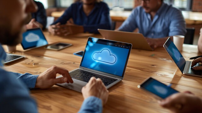 Business team accessing data from cloud storage during a meeting, with a close-up on their devices showing synchronized data, showcasing the convenience and collaboration enabled by cloud technology