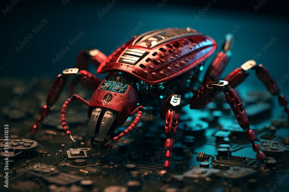 Poster innovative software bug robot. virus sign. generate ai