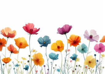 Vibrant Colorful Flowers on White Background with Copy Space in Center for Text or Message