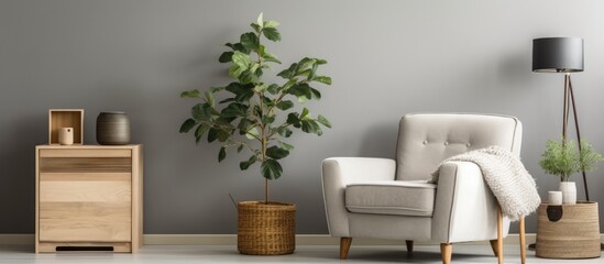 An interior design with a chair, nightstand, lamp, and potted plant, creating a cozy atmosphere in the living room of a house