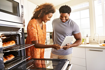 Smiling African American couple preparing breakfast, bakes bread, pastry with smart oven. Modern technology in minimalist kitchen, remote tablet app. Concept of innovation technologies for cooking