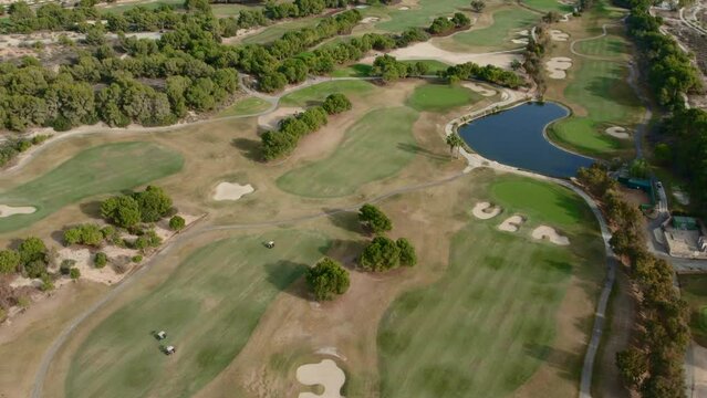 Aerial drone point of view Lo Romero golf course. Costa Blanca, province of Alicante, Spain. Travel and sports concept