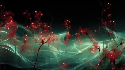Ethereal Teal and Red Underwater Fantasy Flora on Dark Background