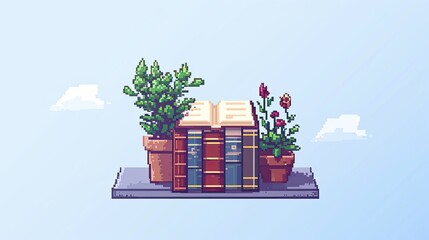 Pixel book. Pixel art, style, wood, reading, page, knowledge, library, paper, knowledge, cover, binding, author, writer, story, textbook, bible, history. Generated by AI - obrazy, fototapety, plakaty