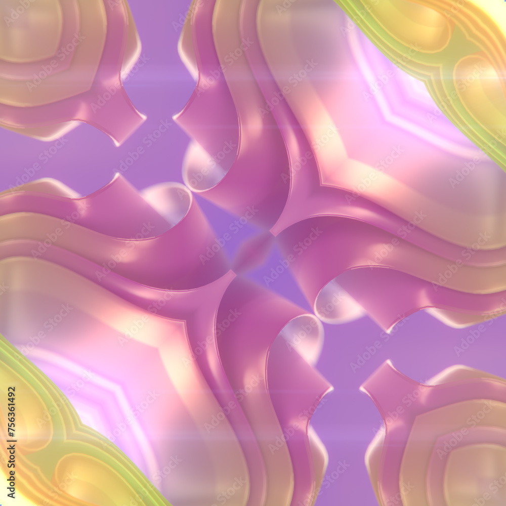 Poster Kaleidoscopic pattern of three-dimensional colored fabric stripes flying in the wind. 3d rendering digital illustration