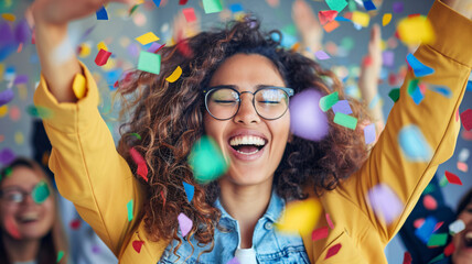 Female leader celebrating a team achievement, with a close-up on her recognition of team members and the celebration, emphasizing women's role in acknowledging and rewarding team success