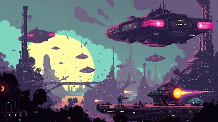 Pixel alien invasion. Style, vintage, pixel art design, gaming culture, 8 bit graphics, classic video game, alien spaceship, r. Generated by AI - obrazy, fototapety, plakaty