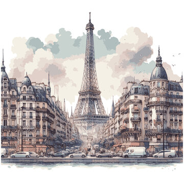 watercolor of Paris skylines isolated on white background
