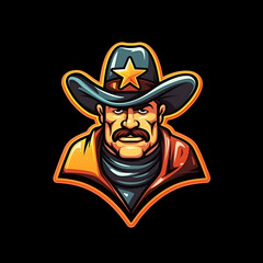 Fat Bearded Cowboy Mascot Isolated on Black Background. Cowboy Emblem