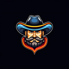 Fat Bearded Cowboy Mascot Isolated on Black Background. Cowboy Emblem