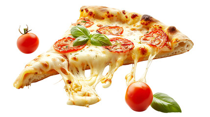 A little cheese spilled out from tomato slice of pizza on an isolated background