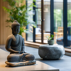 Quiet and contemplative workspace area designed for employee relaxation and meditation, with a close-up on the serene setting, promoting mental health and mindfulness