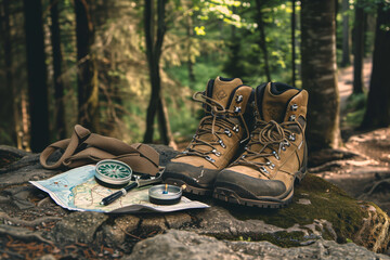 Hiking boots and compass on forest rock
