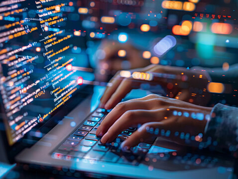 Network engineer patching vulnerabilities in the software, with a close-up on their hands typing commands and the code on the screen, illustrating maintenance and response to threats