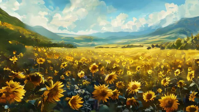Beautiful summer landscape with sunflowers and mountains. Digital painting.