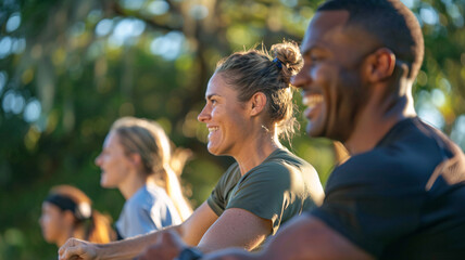 Team using fitness or wellness activities to bond, with a close-up on the activity and the collective engagement, promoting health and team cohesion