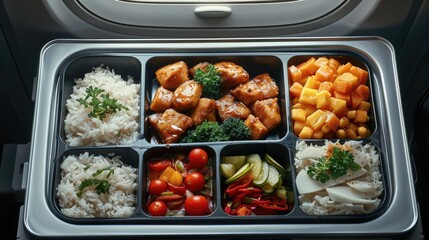 Top angle shot of colorful food is kept in airline food tray. Generative AI.