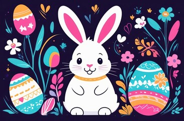 Happy Easter bunny on dark background. Easter bunny with eggs