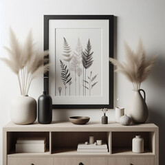 Modern living room decor with an empty black poster frame on a wooden shelf against a white wall.