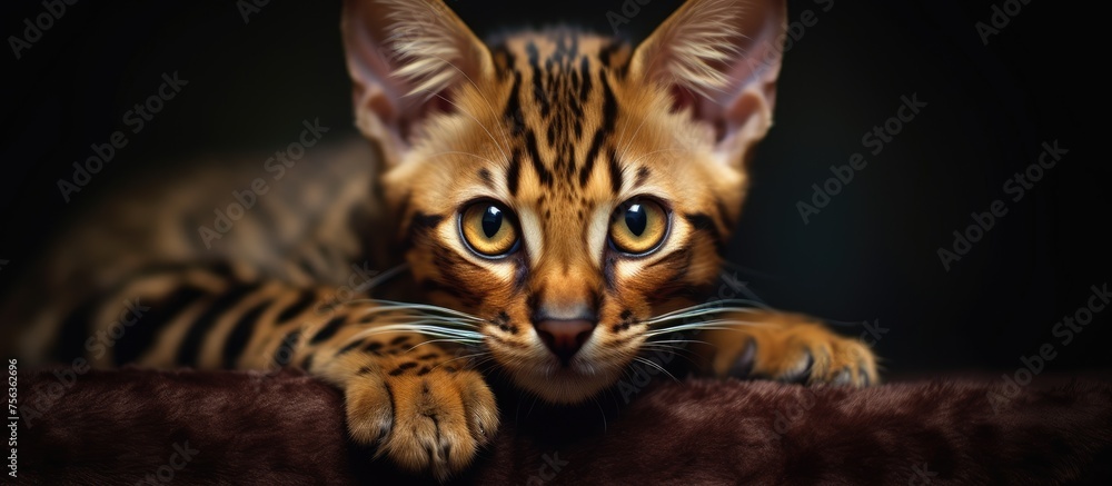 Sticker A Bengal kitten, a small to mediumsized cat breed in the Felidae family, is lounging on a couch and gazing at the camera with its whiskers and fur visible in the darkness