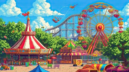 Pixel amusement park. Style, entertainment, clown, danger, extreme, carousel, roller coaster, Ferris wheel, sugar, slot machines, fountain, popcorn. Generated by AI