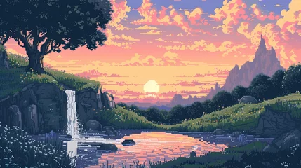 Foto op Canvas Pixel sunset. Style, moon, greenery, nature, wilderness, trees, sun, dawn, evening, horizon, night, forest, twilight, beauty, romance, clouds, sky, landscape. Generated by AI © Anastasia