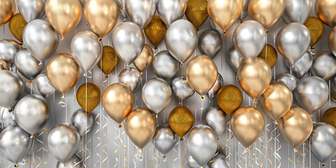 Celebration and party golden Christmas Silver golden and brown balloons with golden ribbons isolated on black background. Event decoration.