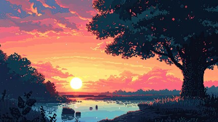 Pixel sunset. Style, greenery, nature, wilderness, trees, sun, dawn, evening, horizon, night, forest, twilight, beauty, romance, clouds, sky, landscape. Generated by AI