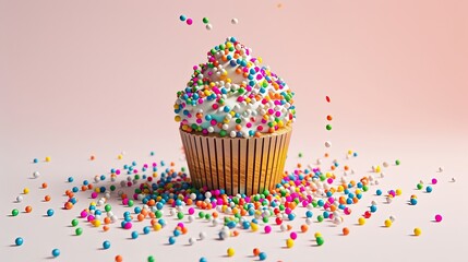 Pixel cupcake with sprinkles. Style, cream, confectionery, gift, raisins, pastries, tea, dough, cake, cake, oven, sweet, tasty, muffin, food, dessert, flour, form. Generated by AI