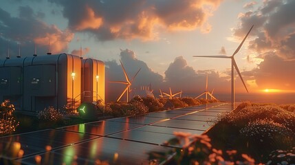 New renewable energy technologies. Modern, aesthetic and efficient dark solar panel panels, a modular battery energy storage system and a wind turbine system in warm light. Generative AI. - obrazy, fototapety, plakaty