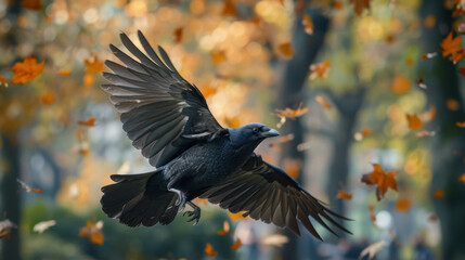 A black crow is flying through a forest of yellow leaves