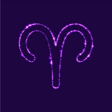 Illustration depicting the zodiac sign Aries, in the form of glowing dots, on a dark purple background
