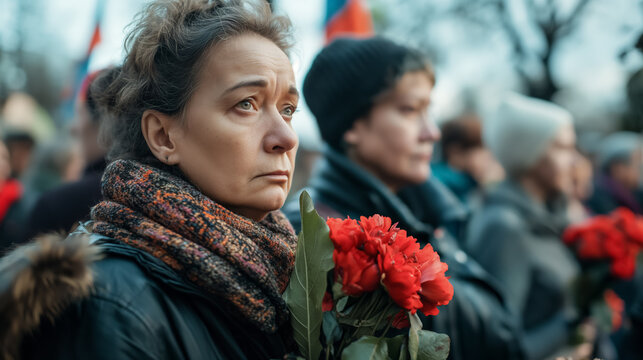 Somber woman holding flowers at memorial.