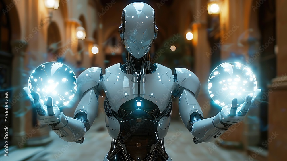 Poster The robot stretched out its hands with two balls of light in its hands. Generative AI.