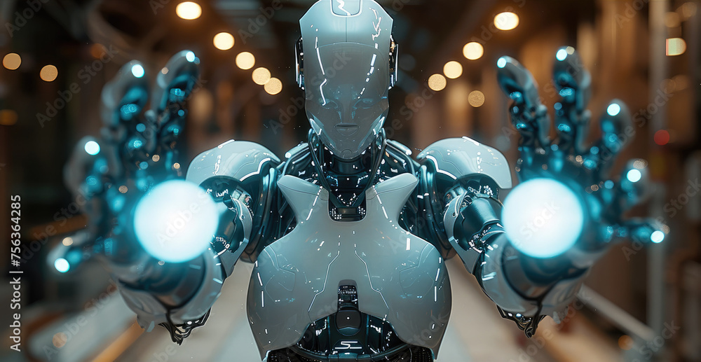Poster The robot stretched out its hands with two balls of light in its hands. Generative AI.