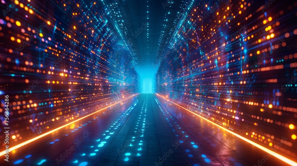 Poster abstract matrix of binary code, flowing streams of data, neon blue glow, symmetrical elegance, high-