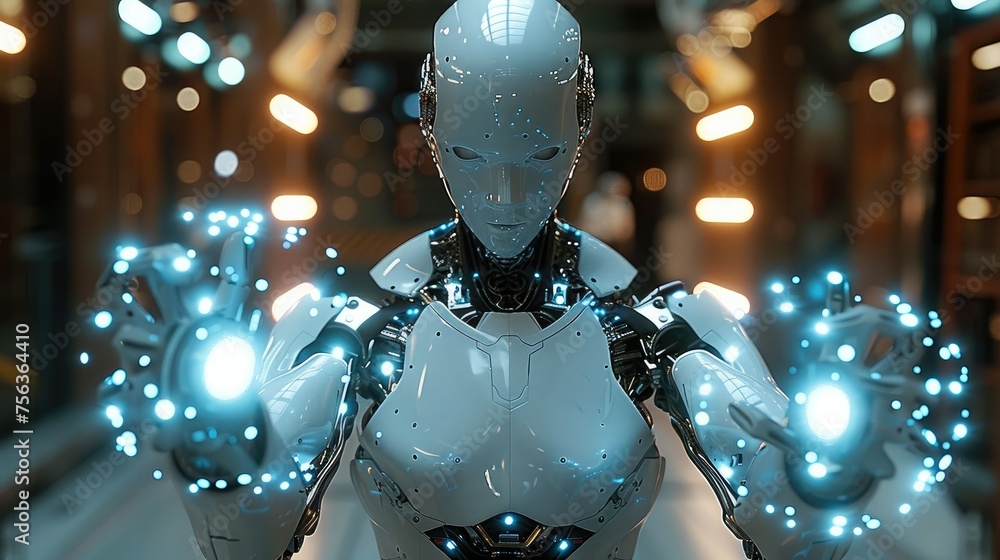Aufkleber The robot stretched out its hands with two balls of light in its hands. Generative AI.