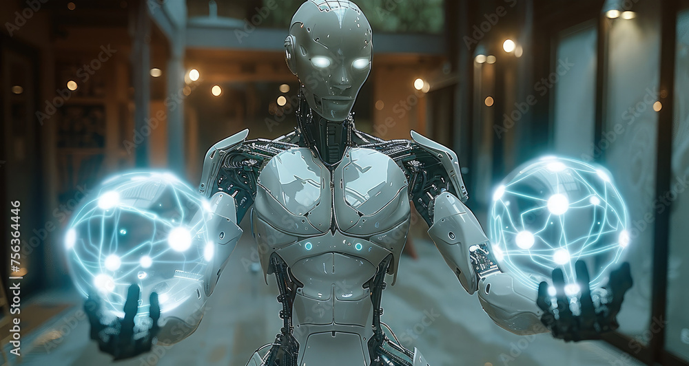Poster The robot stretched out its hands with two balls of light in its hands. Generative AI.