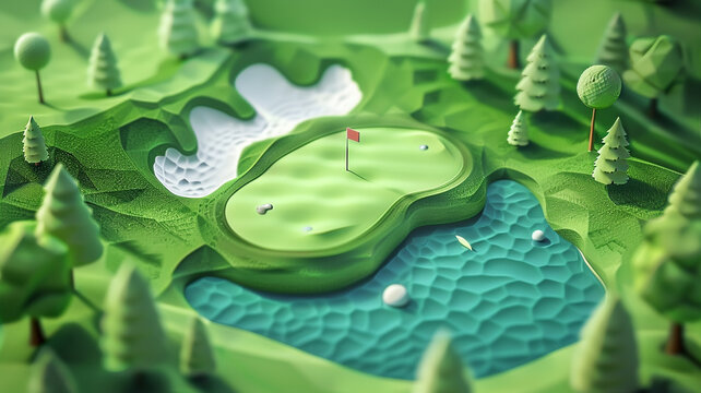 Isometric 3D view of a challenging golf hole detailed layout