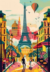 Retro travel poster depicts modern Paris with bold colors and stylized landmarks.
