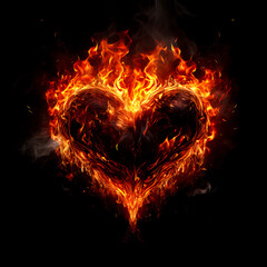 Fire heart isolated on black background. Flame symbol of love, intense emotions, passion. Gift for Valentine's Day