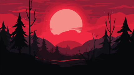 vector illustration of a night of a red moon .. flat