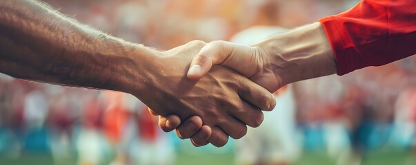 Players shaking hands before a soccer game. Concept Sportsmanship, Soccer tradition, Team spirit, Pre-game rituals